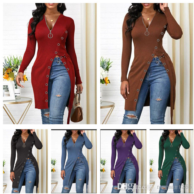 

Plus Size S-3XL Women Rib Knited T-shirt Designer Clothes Slim Sexy V-Neck Long Sleeve Tops High Split Zipper Solid Color Sweater, Army green
