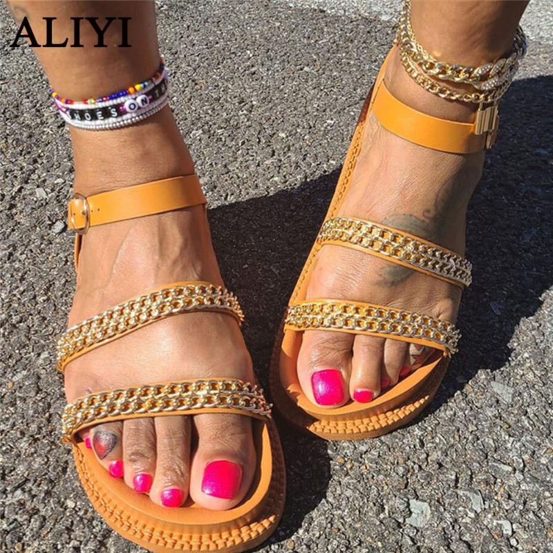 

Sandals Comfortable Women 2021 Summer Fashion Open Toe Ladies Casual Flat Shoes With Metal Chain Female Home Outdoor, Black