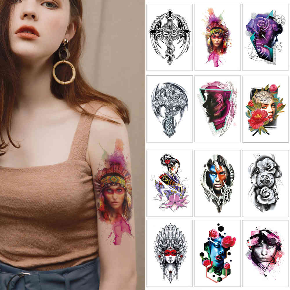 

Woman temporary stickersBlack ink color Wings dragon Waterproof sticker flower Human face body art tattoo for arm