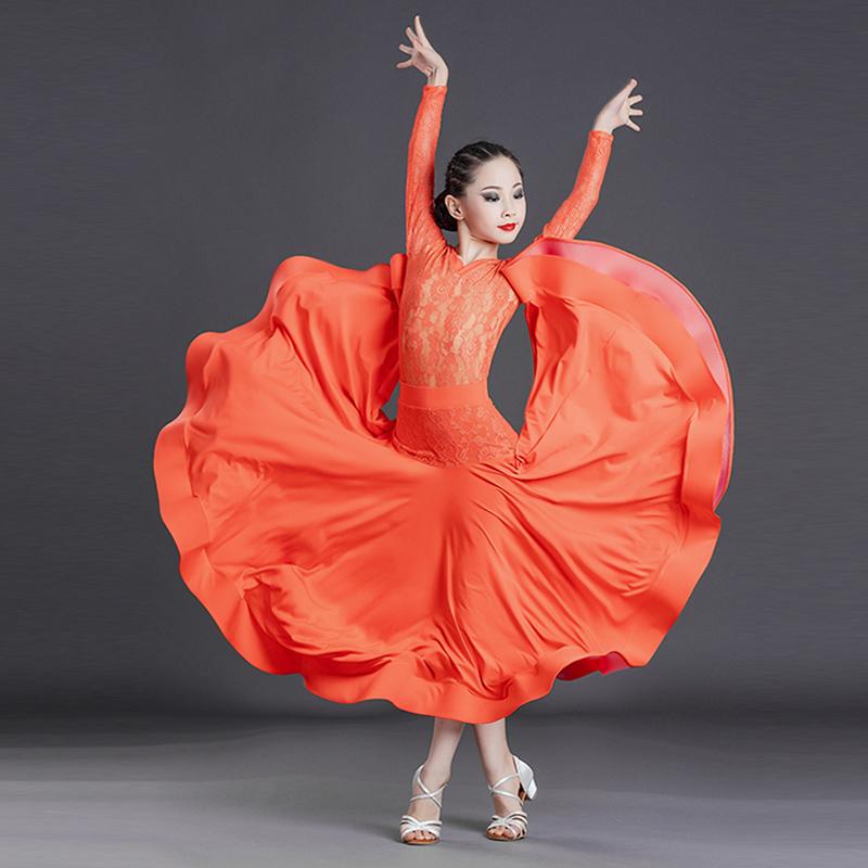 

Stage Wear Standard Waltz Dancing Clothing Ballroom Performance Costume Suit Long Sleeve Lace Leotard Stitching Skirt Practice VDB3578, Black