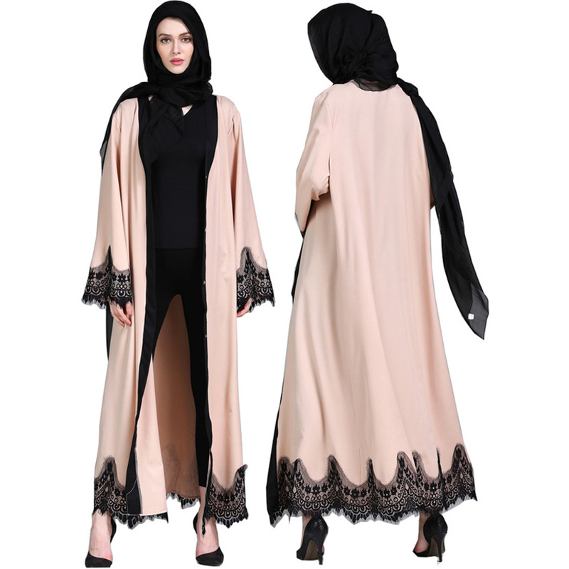 

Dubai Arab Muslim Kaftan Abaya Dress Women Flare Sleeve Lace-up Slim Loose Abaya Islamic Kimono Lace outwear Long Robe Caftan