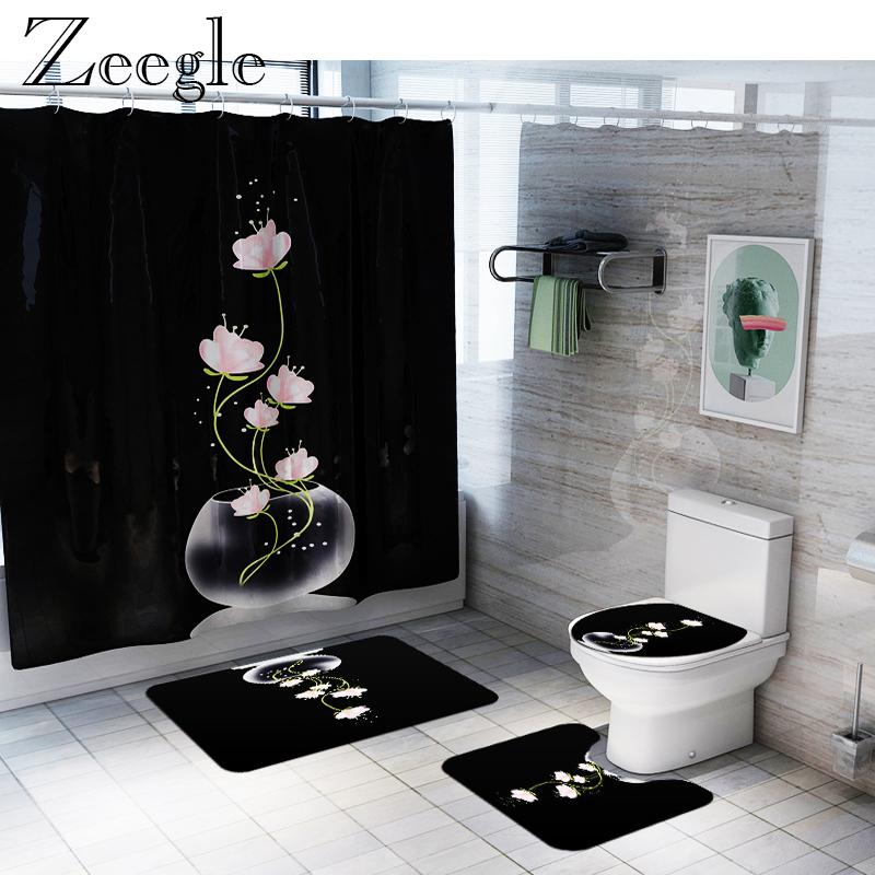 

Bath Mats Zeegle Shower Curtain Waterproof Bathroom Anti-slip Carpet Set Absorbent Toilet Cover Mat Rug