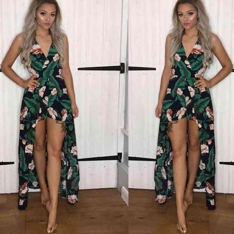 

Fashionable Beach Sexy print V-neck irregular suspender trouser skirt, Khaki