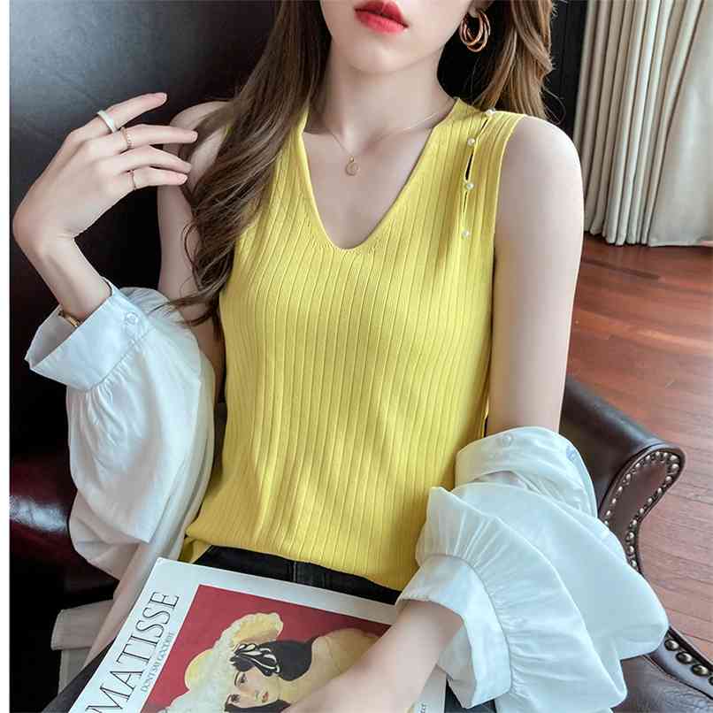 

Fashion pearl button sexy knit sweater summer French base slimming sleeveless casual vest 210520, Apricot
