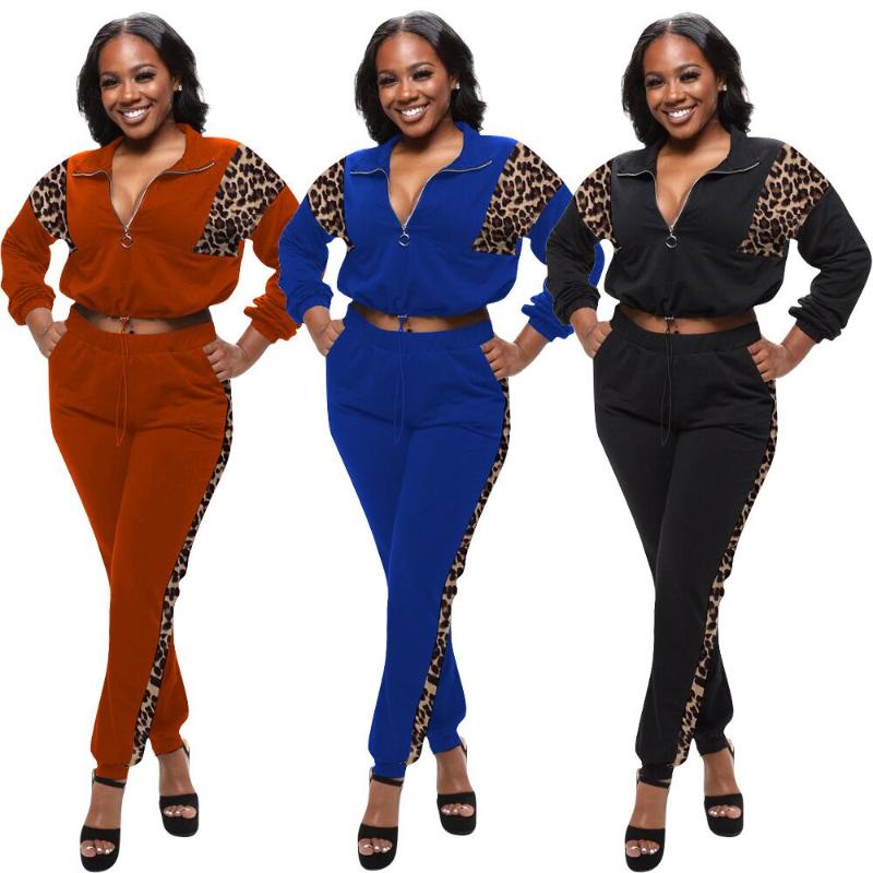 

Women' Two Piece Pants Mn88820 European And American Autumn Winter Leopard Print Stitching Sports Leisure Two-piece Set Spot Supply, Black