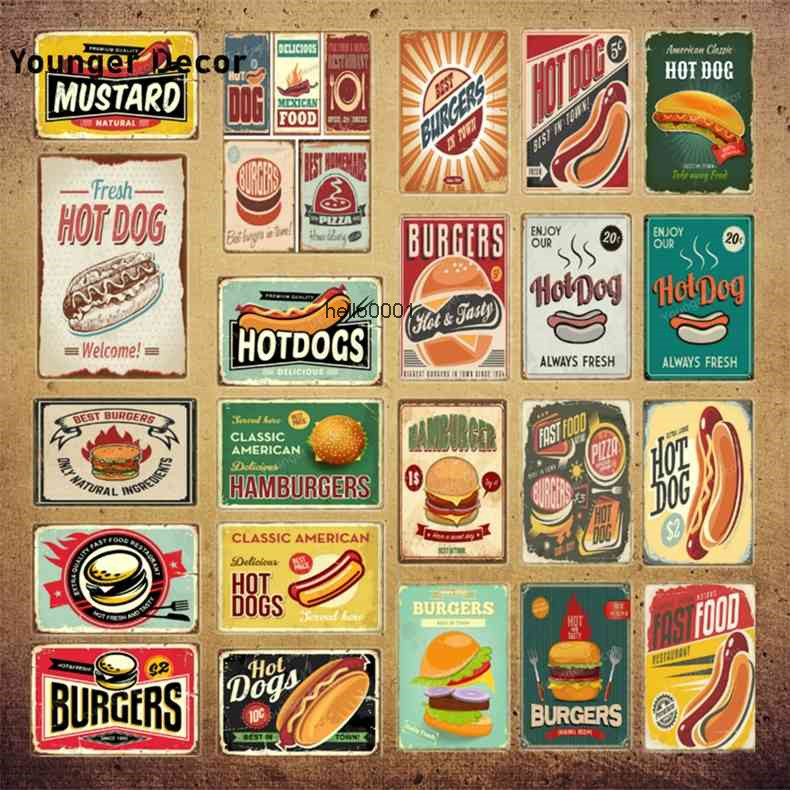 

Vintage Home Decor Retro Hamburgers Metal Tin Signs Classic American Hot Dogs Food Plate For Cafe House Kitchen Poster YI-217a