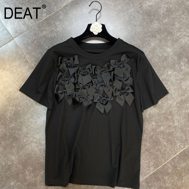 

Women Black Bow T-shirt Solid Color Round Neck Short Sleeve Fashion Temperament Spring Summer 11D362 210525, Black t