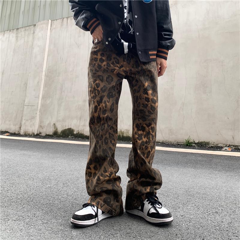 

Men's Jeans Leopard Full Print Streetwear Casual Pants For Men And Women Straight Vibe Style Oversized Loose Denim Trousers, Brown
