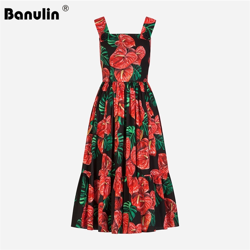 

Summer Runway Floral Print Spaghetti Strap Midi Dress Women's Anthurium Overall Sleeveless Beach Boho Sundresss 210603, Red