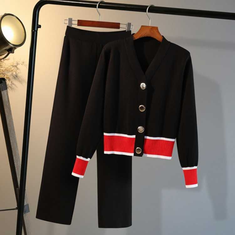 

Spring Autumn 2 Piece Set Korean Women V-Neck Single-Breasted Hit Color Knit Sweater Top + Wide leg pants Suit Casual Outfits 210526, Photo color