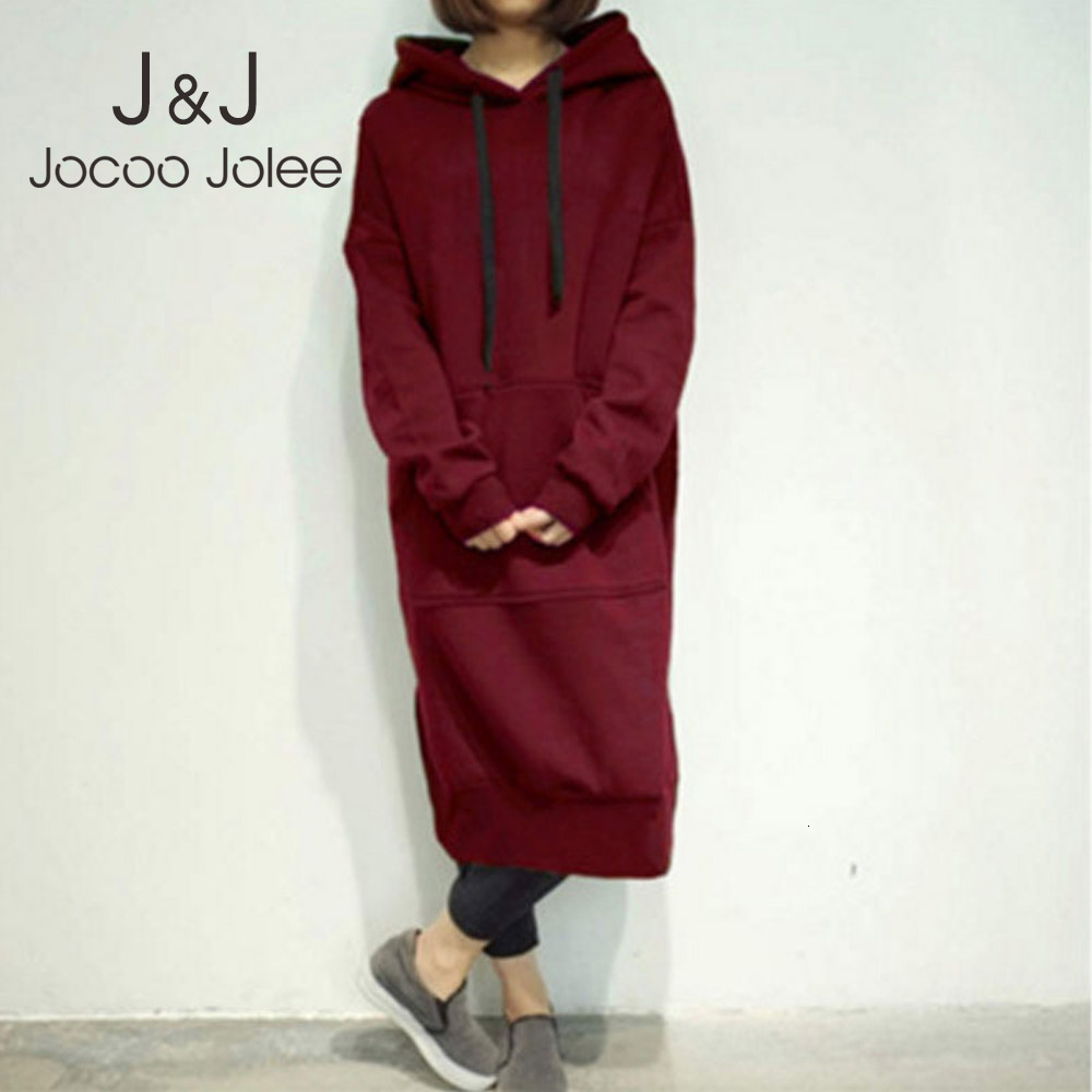 

Jocoo Jolee Women Casual Long Hoodies Dress Spring Pocket Loose Sweatshirt Pullover Dress Split Fleece Robe Pull Femme 210518, Burgundy