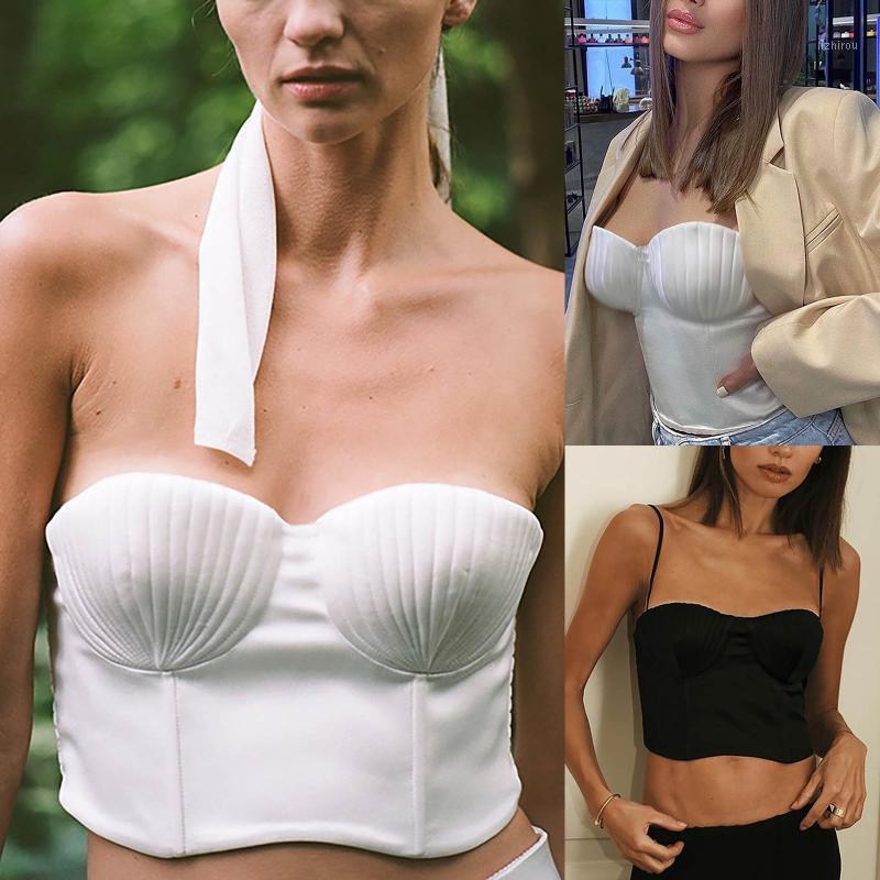 

French Style Womens Spaghetti Crop Top 2021 Summer Shell Shape Tops Vest Sweet Blouse Y2k Sexy Party Halter Camis Camisoles & Tanks, Black