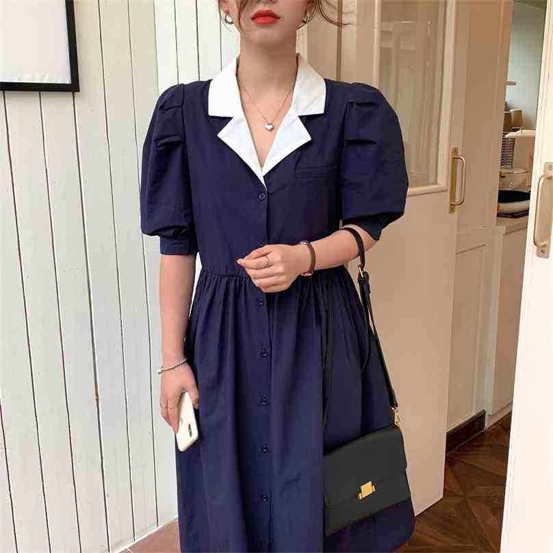 

Blue Color-Hit Retro Femme Streetwear A-Line Loose Vestidos Short Sleeves OL Sweet All Match Long Dresses 210525, Photo color
