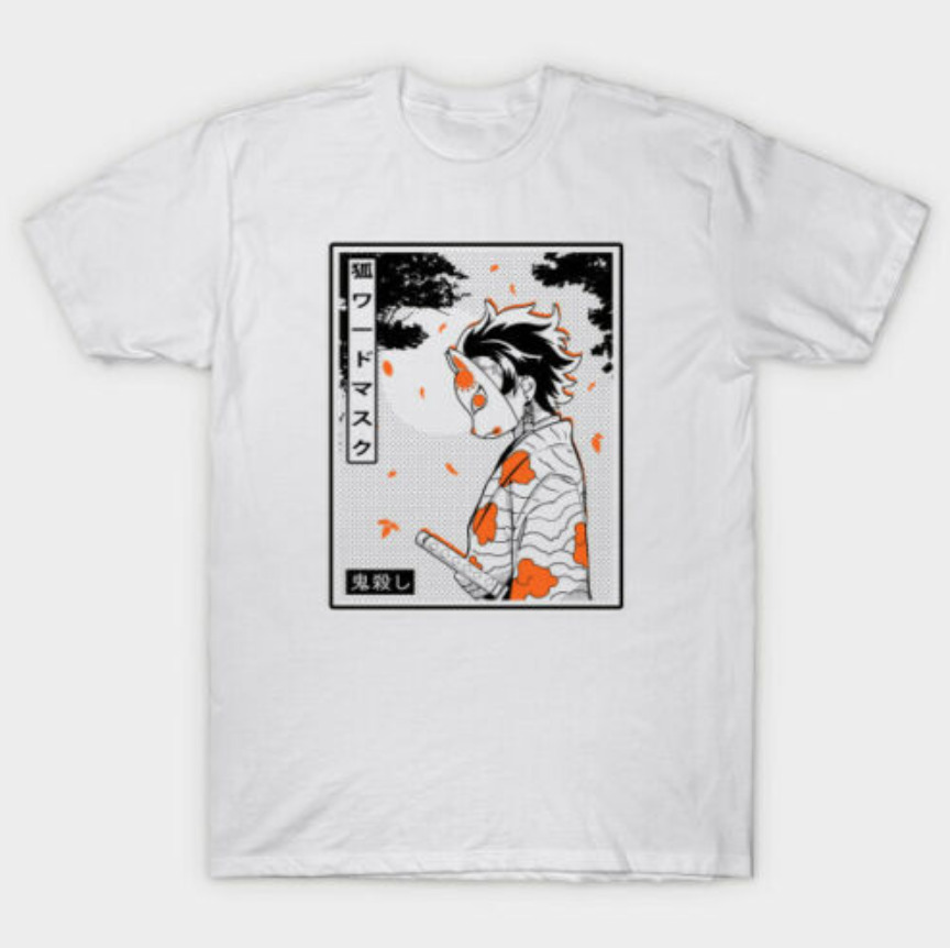 

R1 Fox Mask Of The Demon Slayer Tanjiro Kamado Kimetsu No Yaiba White T-Shirt, White;black