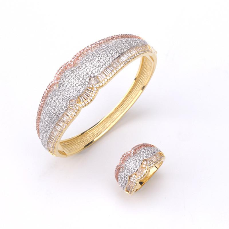 

Bangle Small Luxury Fashion Geometric Personality Three-color Gourd-shaped Micro-inlaid Zircon Bracelet Ring Set Women's Jewelry