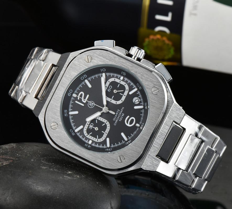 

Wristwatches Fashion BR Model Sport Watchband Quartz Bell Luxury Multifunction Watch Business Stainless Steel Man Ross Wristwatch, Slivery;brown