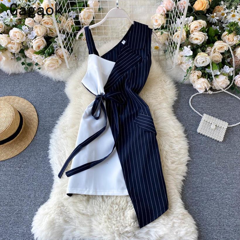 

fashion high street a line women dresses summer v neck sleeveless striped irregular slim wild vestidos, Black;gray