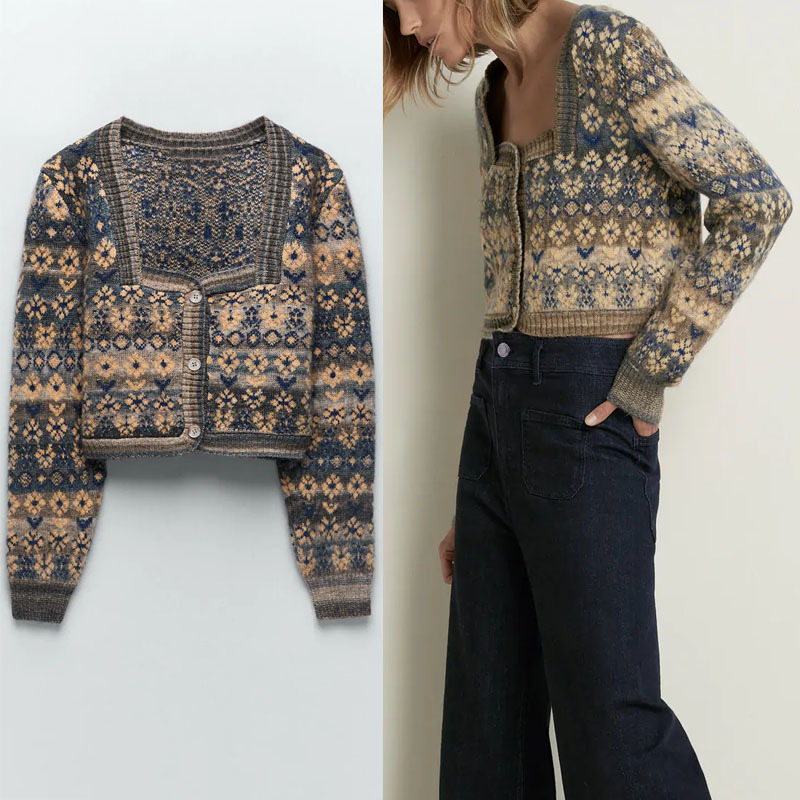

Cropped Knit Jacquard Cardigan Women Long Sleeve Ribbed Vintage Knitted Top Female Chic Front Button Fitted Sweaters 210518, As picture