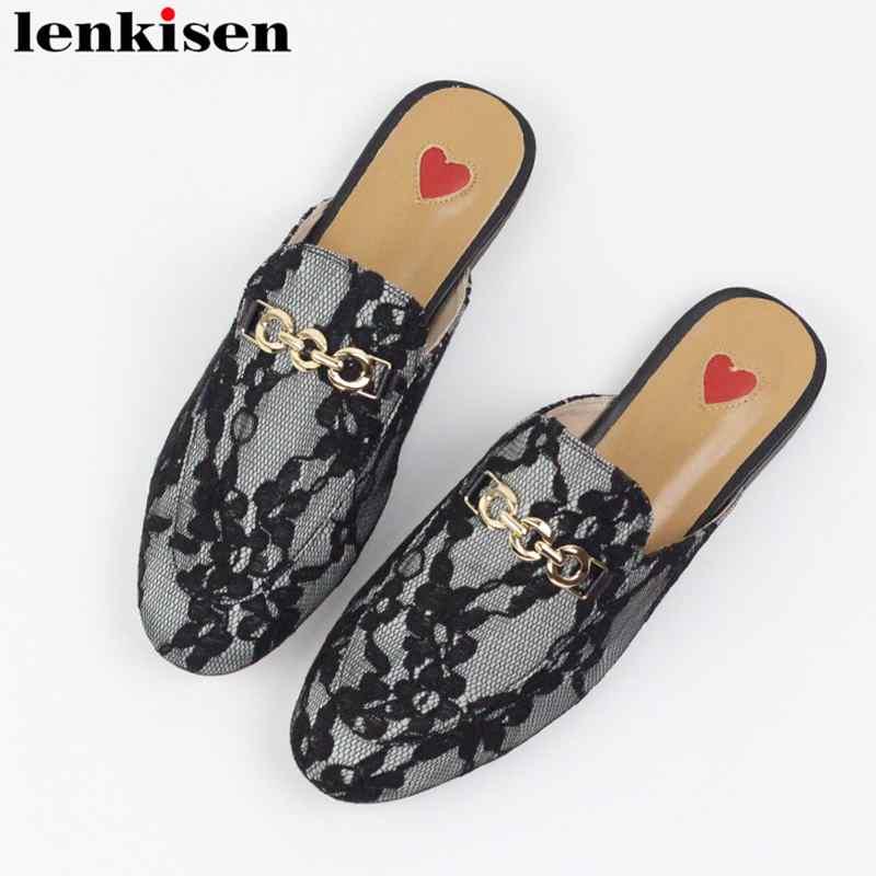 

Slippers Lenkisen Gentlewoman Big Size Slip On Silk Leather Lace Chain Round Toe Solid Flat With Outside Party Meeting Women, Black