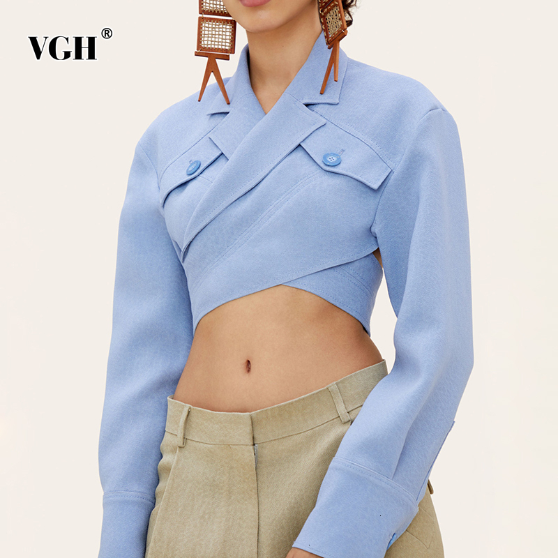 

VGH Asymmetrical Slim Womens Blouses Lapel Collar Long Sleeve Casual Short Shirts Tops For Female Fashion Clothing 2021 Tide, Blue