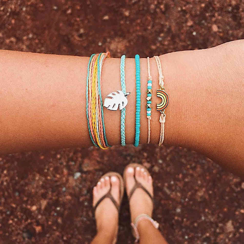 

5PCS Multi-Layer Woven Friendship Bracelet Set , Surfing Rope Bracelet , Female Jewelry Wholesale, Leaf Beads Rainbow, Adjustable