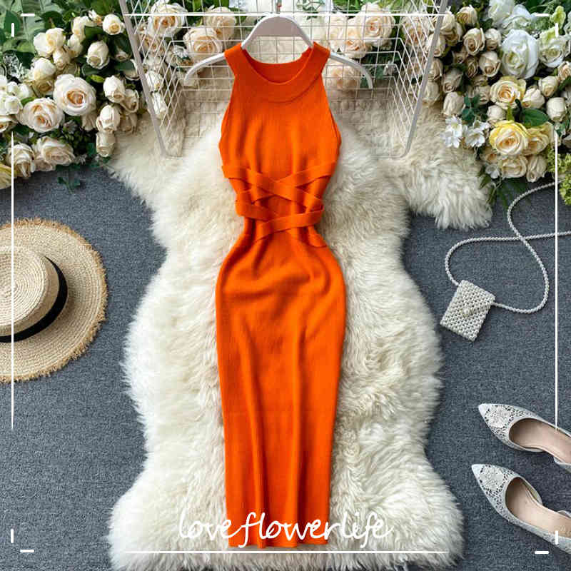 

Vintage Slim Stretch Bandage Knitted Dress Summer Sexy 0-neck Bodycon Sweater Party Dress Women Club Knee Length Dresses 210521, Green