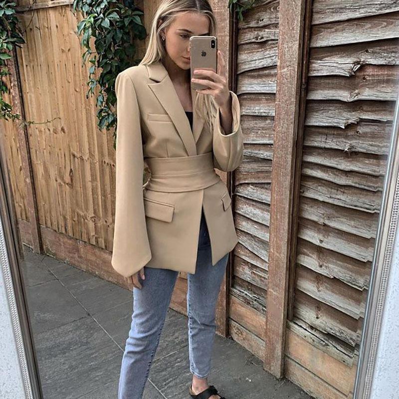 

Fashion Blazer Women' Spring Tie Waist Slim Fit Business And Jacket Retro Cardigan Khaki Black Ladies Tops 2021 Suits & Blazers
