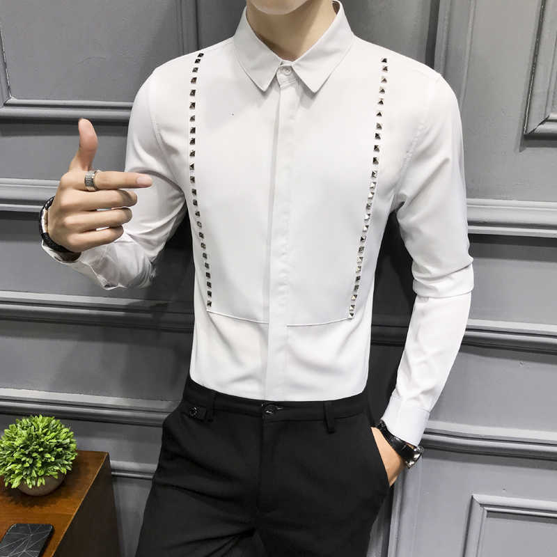 

Rivet Punk Shirt Men Long Sleeve Black White Shirts Men Dress Casual Slim Fit Night Club Work Shirt Camisa Social Masculina 210527