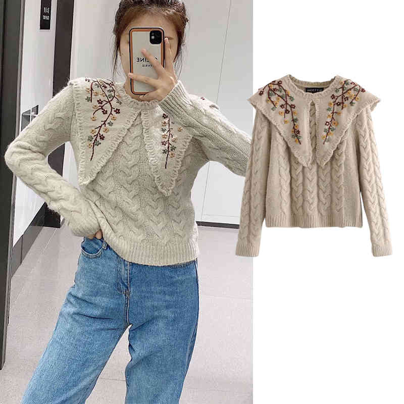 

Women's Sweaters Women Autumn embroidery print O-Neck knitted sweater winter Knitted sweaters Long Sleeve Casual Loose Knit pullov, Beige