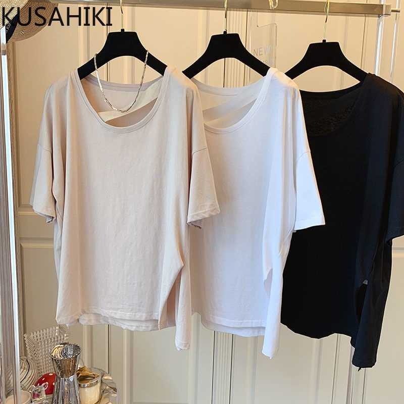 

KUSAHIKI Causal Solid Tops Women Summer Short Sleeve Graphic T Shirts Korean Patchwork O-neck Split Tee Shirt 6J623 210602, Apricot