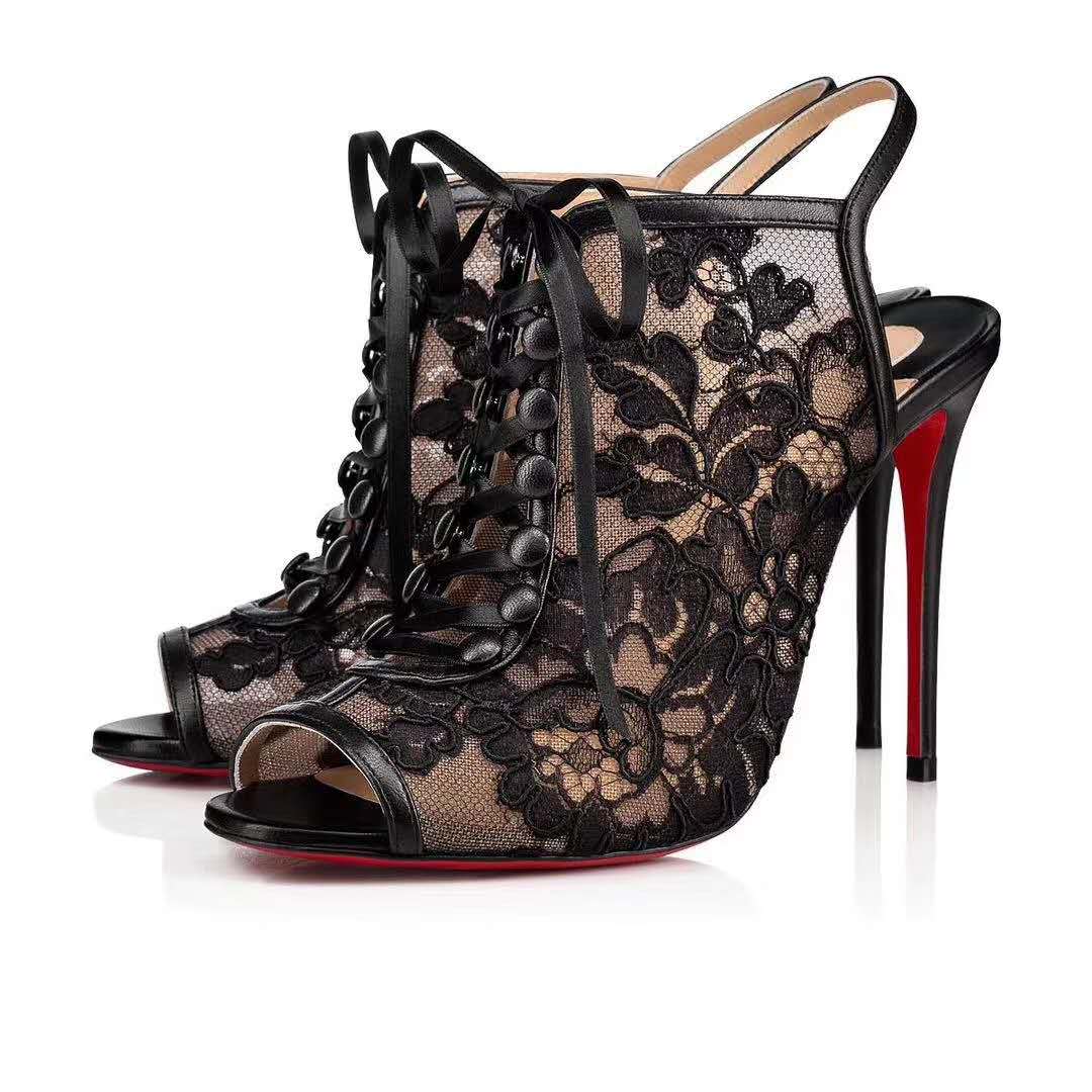 

21S Fashion Dress Ladies Sandal Shoes Red Bottom Black Embroidery Lace Women ankle boots Spring Open-toe sandalies high heel party wedding