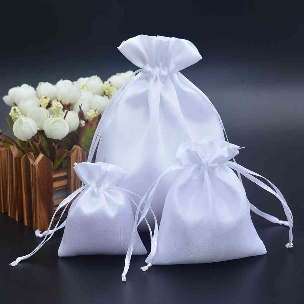 

50pcs White Satin Drawstring Comb/Hair/Candy/Jewelry/Necklace/Rings Packaging Silk Cloth Gift Bag Travel Pouch