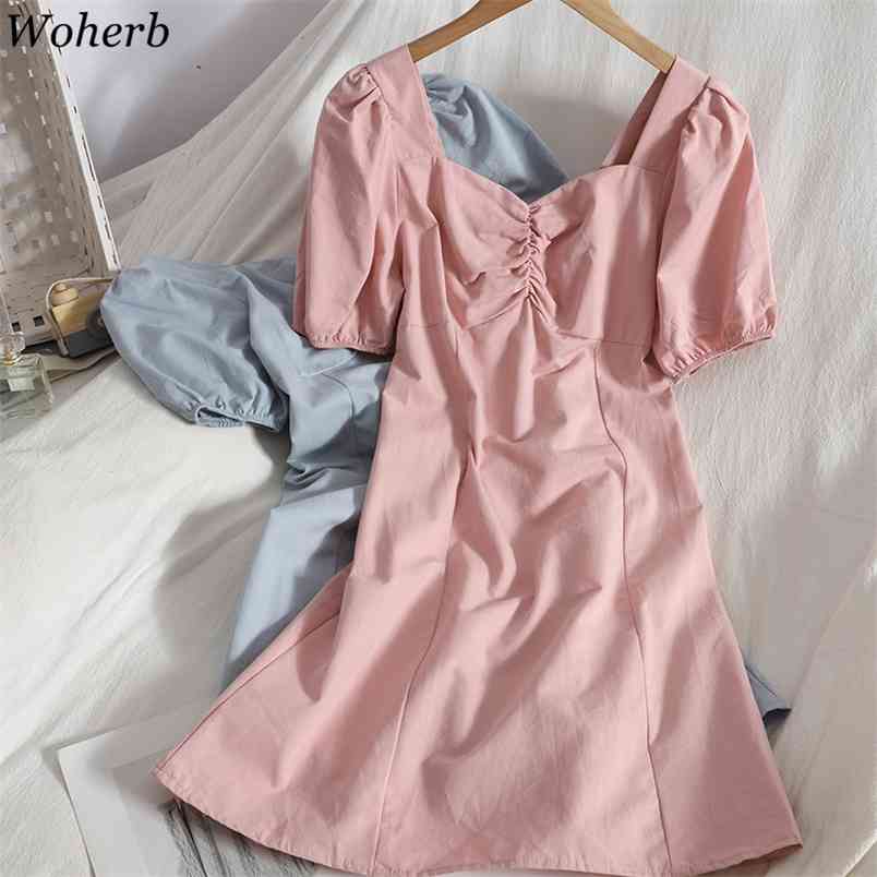 

Women Summer Dress Folds Square Collar Puff Sleeve Temperament Vestidos Korean Vintage Robe Solid Slim Dresses 210519, Apricot