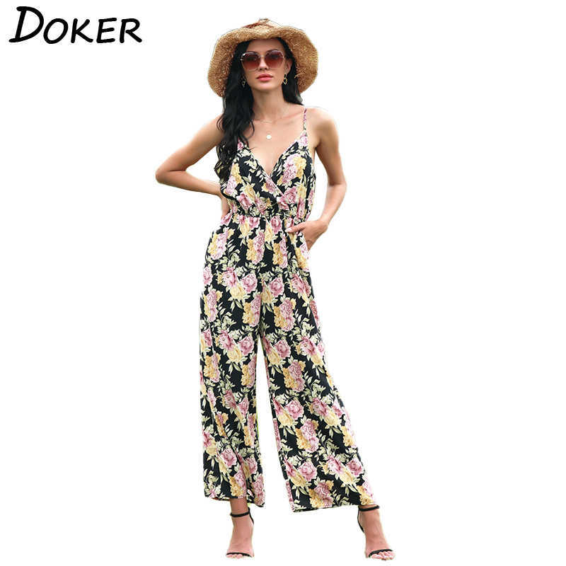 

Sexy Sleeveless Spaghetti Strap Backless Print Women Jumpsuit Loose Deep V Neck Elegant Vintage Casual Holiday Jumpsuits 210604, Black