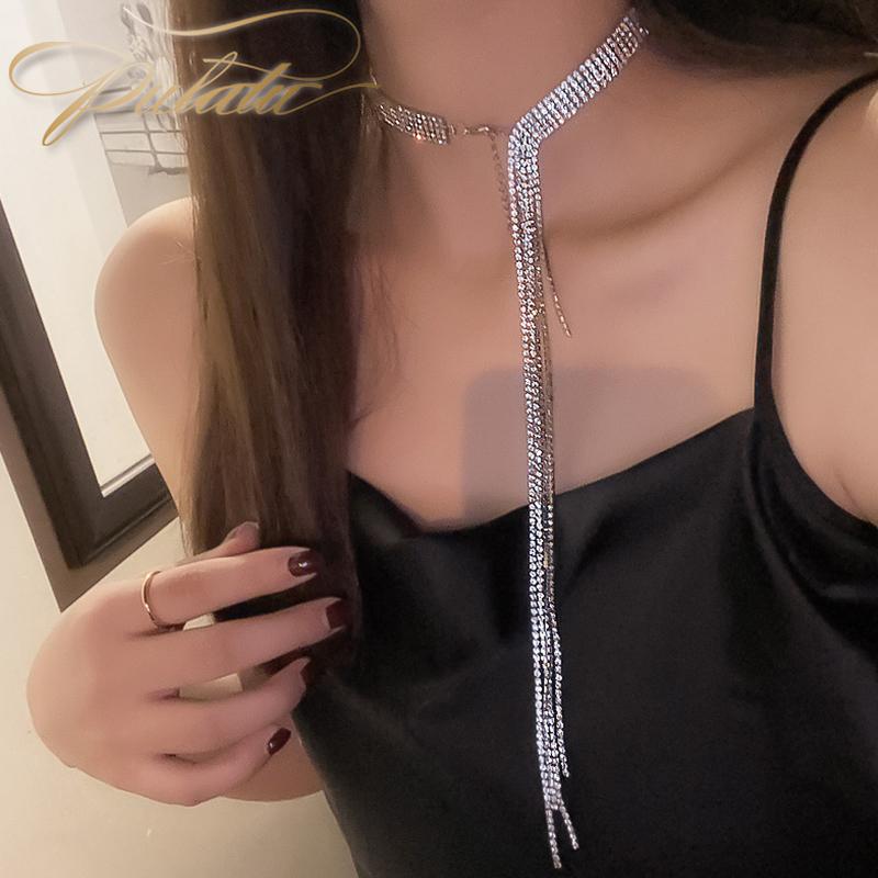 

Chains PULATU Necklace For Women Fashion Jewelry Crystal Hyperbole Designer Luxury Chain Gargantilla Mujer, Silver