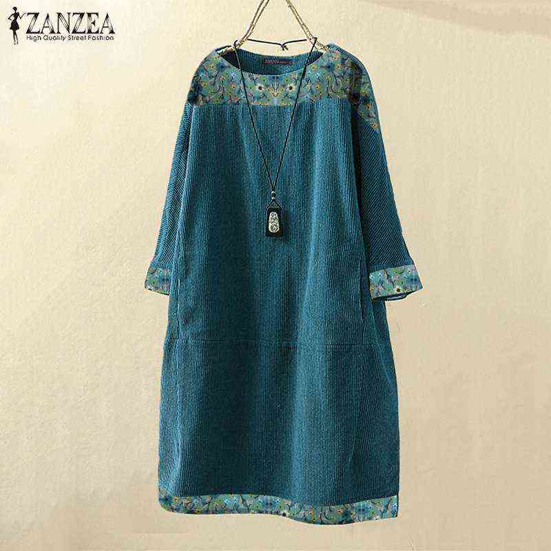 

Vintage Autumn Corduroy Dress ZANZEA Women Floral Printed Long Sleeve Sundress Casual Loose Long Tops Blusas Knee-length Vestido G1223, A-brown