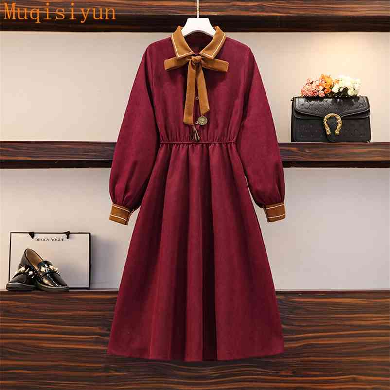 

Hit Spring Vintage Dress Women's Turn Down Collar Bow Long Sleeves A Line Woman es -4XL S264 210519, Burgundy