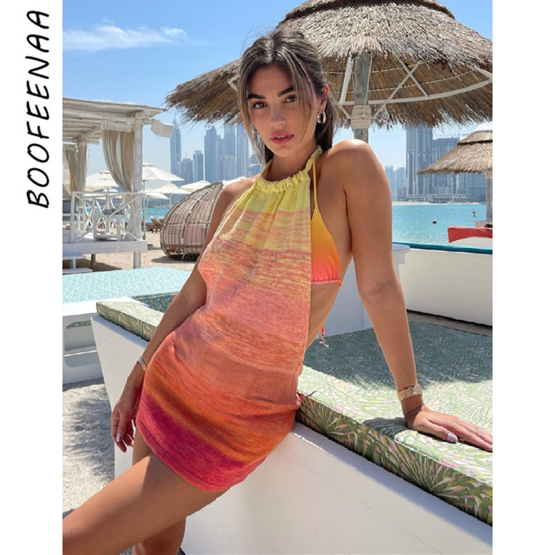 

BOOFEENAA Sexy Knitted Tank Dress 2021 Summer Clothes Vacation Club Outfits for Women Open Back Halter Mini Dresses C88-BI12, Black