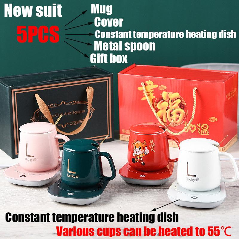 

Mugs 5PCS Ceramic Thermostat Cup 55 Degrees Celsius Warm With Lid Spoon Heating Milk Coffee Gift Box Set Household