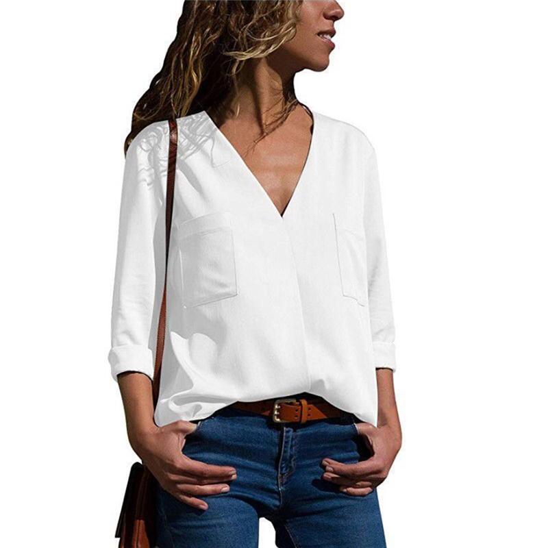 

Women's Blouses & Shirts White V-neck Shirt Women Cotton Office Long Sleeve Feminine Blouse Black Spring Femme Blusas