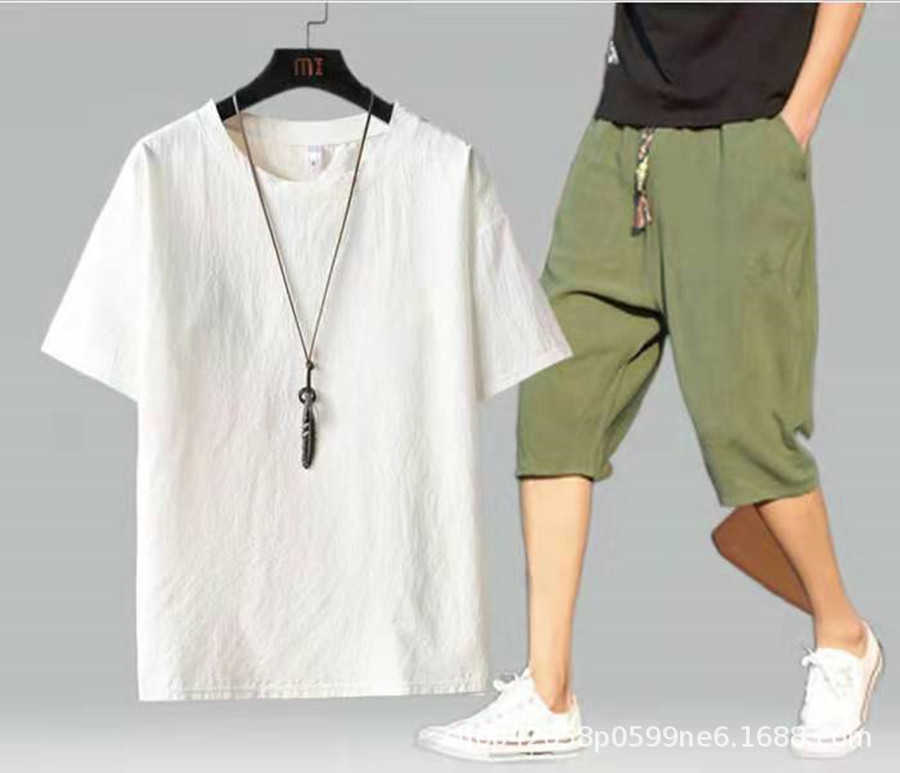 

Summer casual suit thin cotton hemp men's loose t-shirts, Black with green