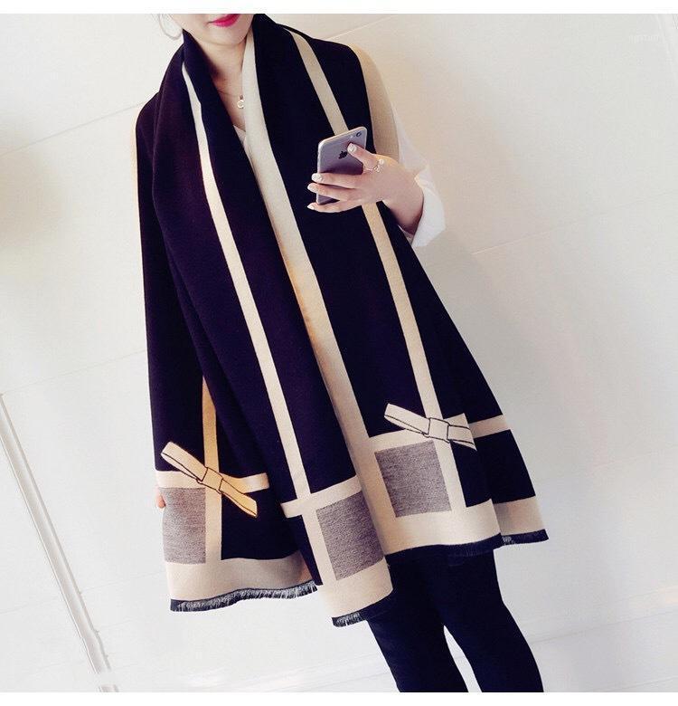 

Scarves Royalmaybe Winter Cashmere Female Bowknot Oversized Double-faced Wool Shawl Warm Scarf Designer, Blue;gray