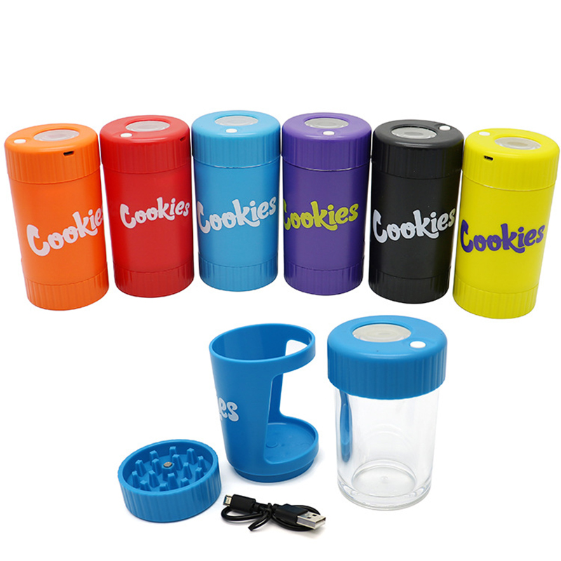 

Cookies 4 IN 1 LED Glow Jar Dry Herb Tobacco Container Bag Glass Storage Rechargeable Bottle With Grinder Magnifier Hitter