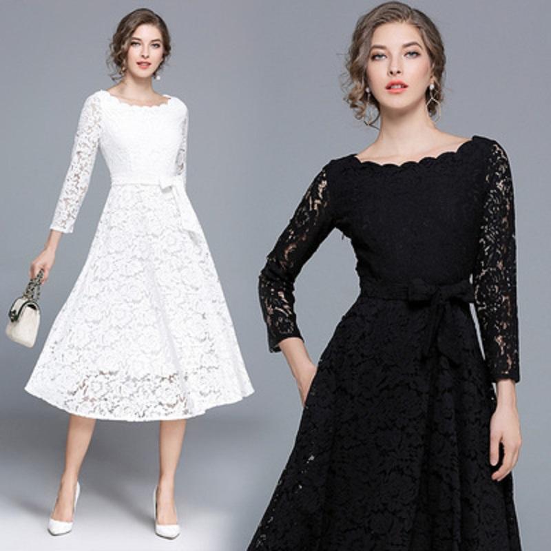 

Casual Dresses Fall 2021 Fashion Temperament Vestidos Female Round Neck Three-quarter Sleeve European Lace Midi Dress A40, Black