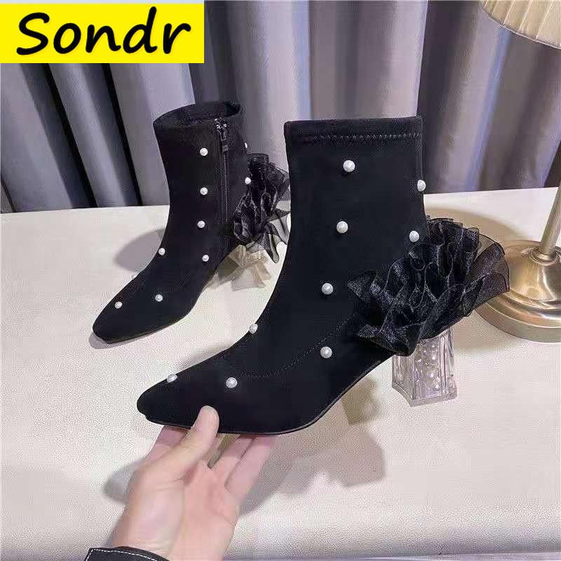 

Boots 2021 Womens Fashion Pearls Lace Decor Ankle Sexy Transparent Crystal Heel Shoes Ballparty Black
