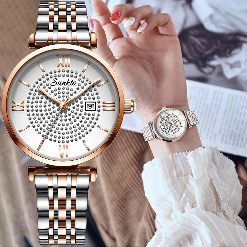 

SUNKTA Women Watches Luxury Brand Bracelet Gold Watch Women Stainless Steel Creative Quartz Wrist Watches Clock female Gift 210517, Rose gold white