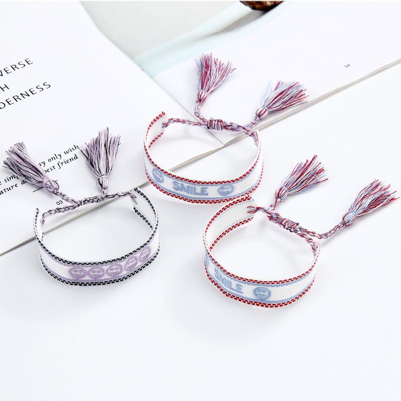 Charm Bracelets Bohemian Smile Tassel Bracelet Women Anklet Adjustable Wide Embroidered Letters Cotton Rope Jewelry Gift Cuff Wristband