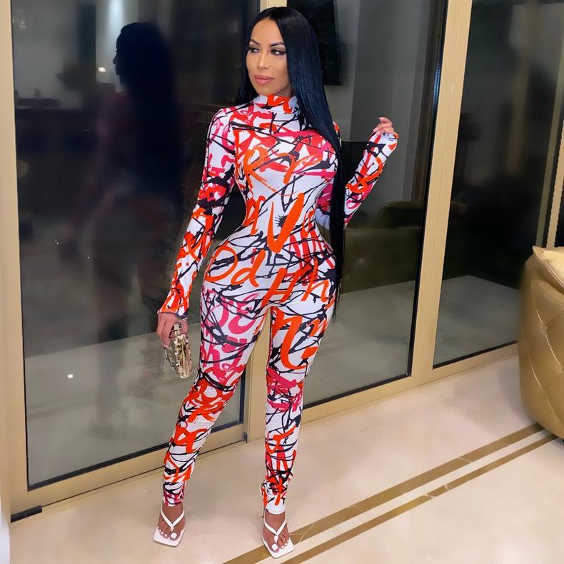 

Women's Jumpsuits & Rompers Felyn Ins Internet Celebrity Famous Print Letters O-neck Long Sleeve Sexy Bodycon EXKB, Rose
