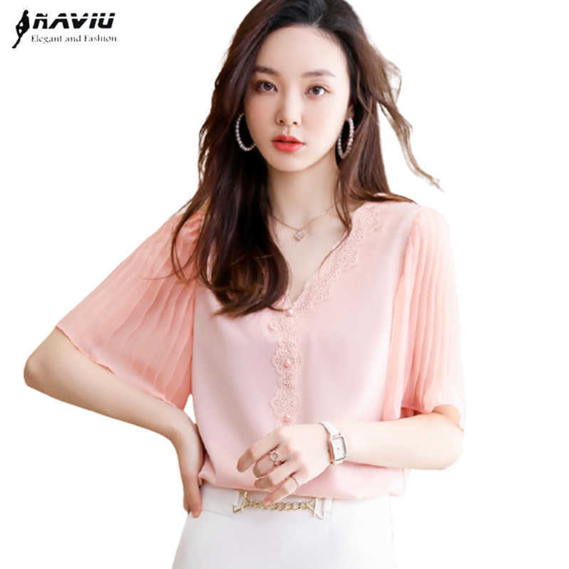 

Chiffon Shirt Women Summer Fashion Design Short Sleeve High End Pink Blouses Office Ladies Casual Work Tops 210604, White