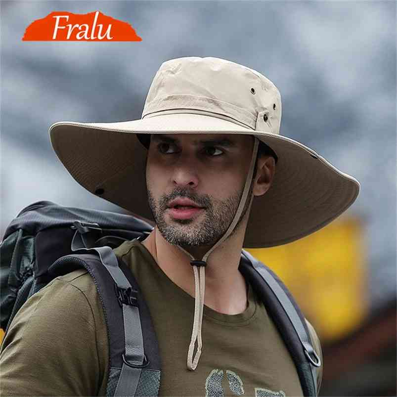 

Fashion Summer Bucket Hat Cowboy Men Outdoor Fishing Hiking Beach Hats Mesh Breathable Anti UV Sun Cap Large Wide Brim 210608, Black hat